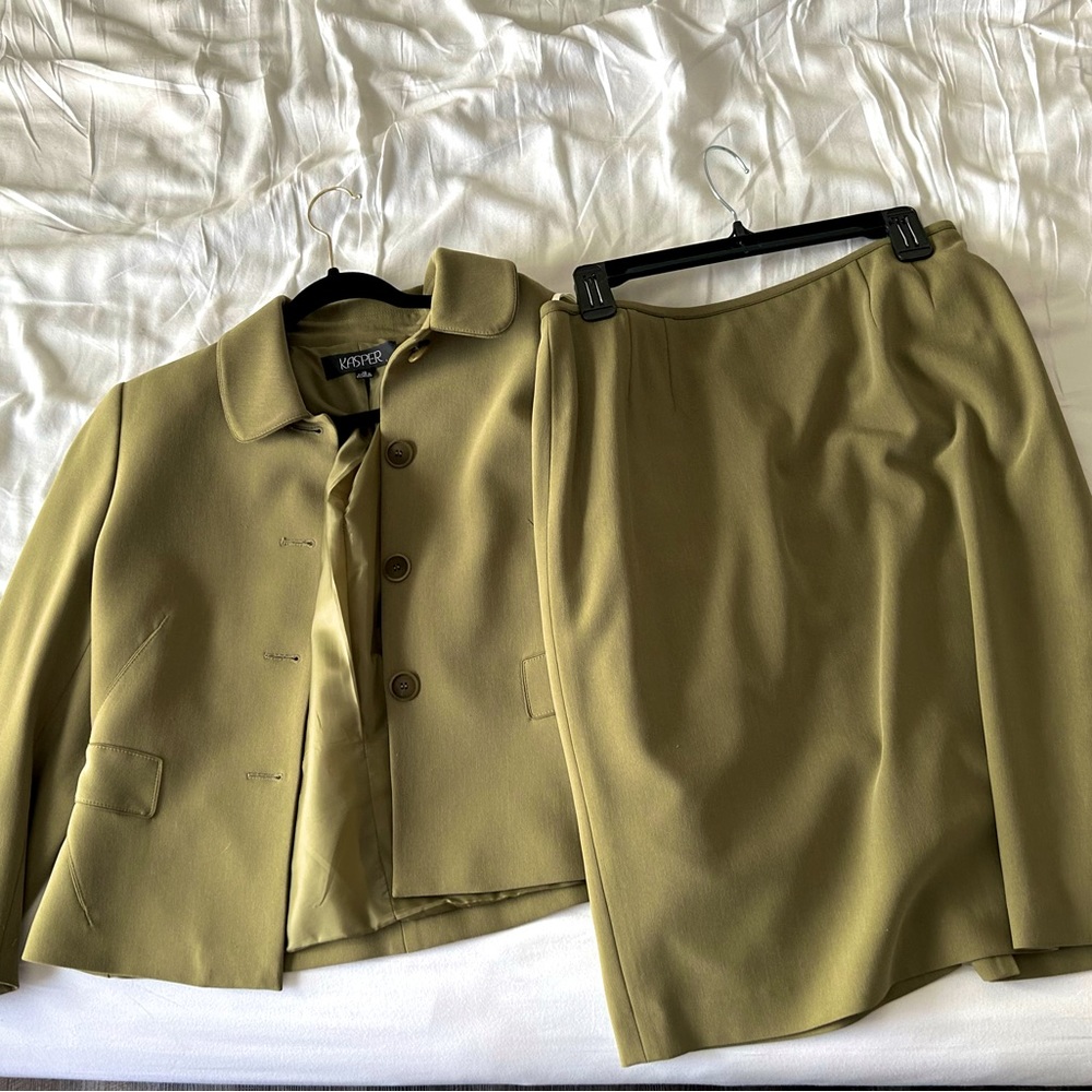 Kasper Olive Green Suit Set Includes Skirt & Blazer